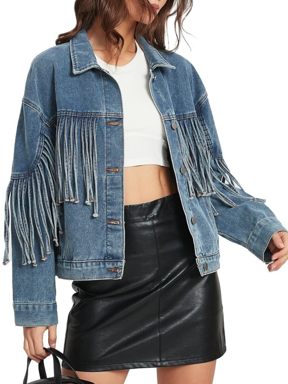 Women's Oversized Fringed Denim Jackat Jean Western Outfits